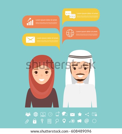 Business arab woman and arab man on communication infographic with business icon. illustration vector of a flat design.
