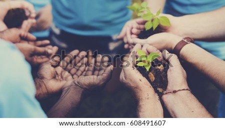 Group of volunteer with sprout for growing Royalty-Free Stock Photo #608491607