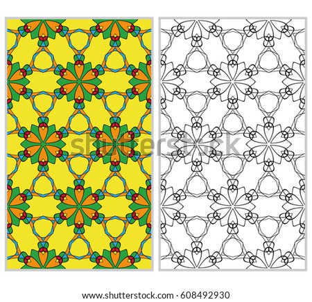 set of 2 of seamless patterns. The left element is a colored pattern in the style of a kaleidoscope mosaic.   element is the contour of the left in the form of a lacy texture with floral ornament.
