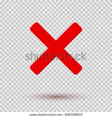 Cross red icon isolated on transparent background. Symbol No or X button for correct, vote, check, not approved, error, wrong and failed decision. Vector cross flat sign or mark element for design.

