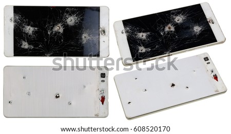 No name phone with holes from nails and bullets concept. Isolated on white set collage. All logos  and brands removed.