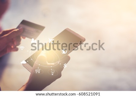 woman using mobile payments online shopping and icon customer network connection on screen, m-banking and omni channel 