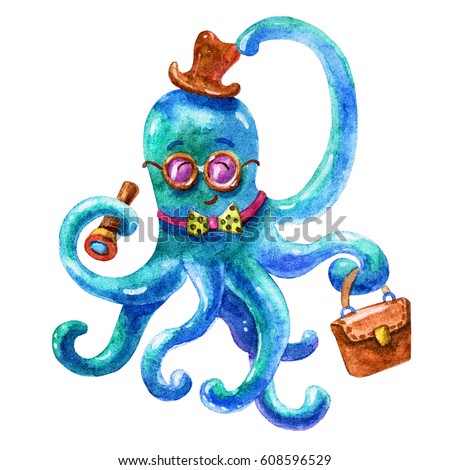 Cute blue business octopus-Octopus life.Wildlife brightly colored hand drawn watercolor style picture on white background.Colorful Travel watercolor illustration.Perfectly for the marine theme