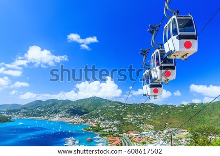 Caribbean, St. Thomas, USVI. Cable car at Heavensight in Charlotte Amelie. Royalty-Free Stock Photo #608617502