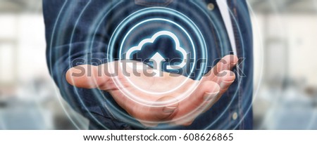Businessman on blurred background using digital cloud 3D rendering