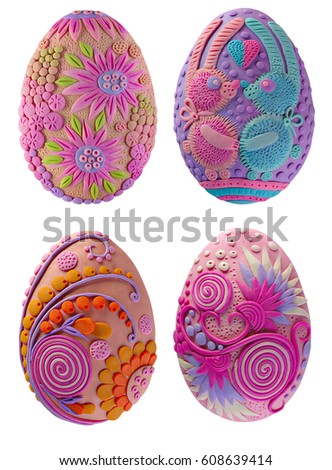 Easter eggs made from bright colored plasticine for the spring religious holiday of Easter or a bright Sunday