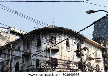 Thai old building. Conservation building. Elder building. Sense of place. Architecture. Bangkok. Bangrak Royalty-Free Stock Photo #608640998