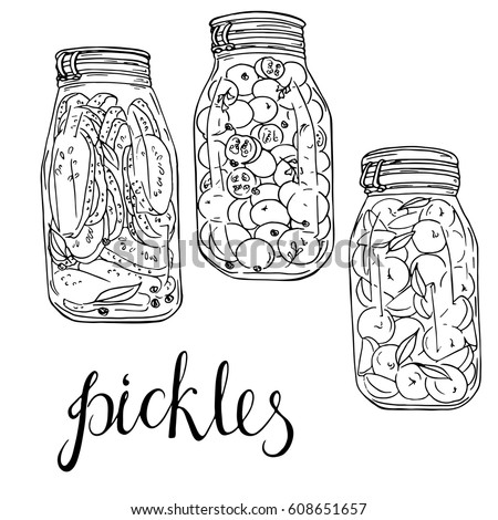 Jar set of pickled vegetables and stewed fruit on white background. Hand lettering.  Hand drawn vector illustration.