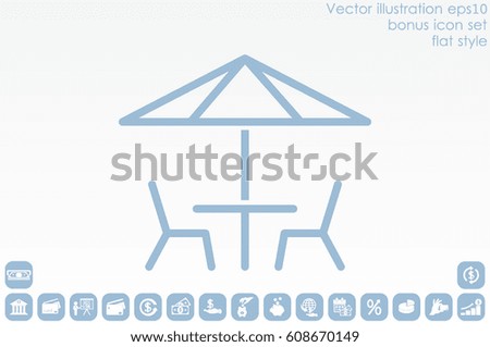 vector illustration of table and chairs under sun umbrella, icon