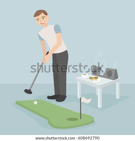 Vector illustration of a guy who plays mini golf in an apartment, a table on which stands tea and cookies