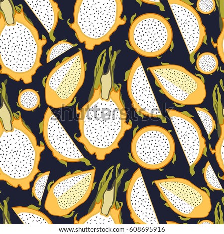 Tropical pattern with dragon fruit.Seamless vector print with exotic fruit.Textile texture