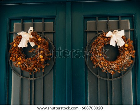 Two brown wreaths with bows on green doors with metal grill.