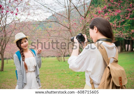 Friends taking photos having fun lifestyle enjoying looking cherry blossom in sakura park outdoor activity. Asian woman taking photo pictures with camera during spring vacation in japan or korea.