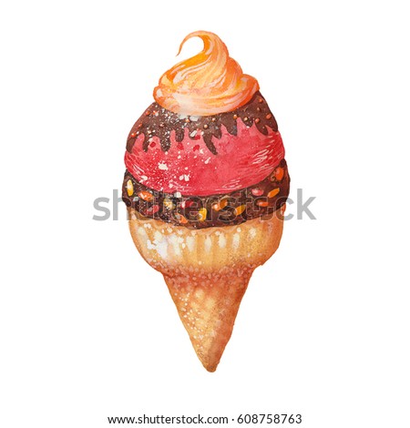 Fruit and chocolate ice cream, watercolor illustration  on white background
