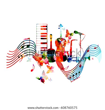 Colorful music instruments with music notes and butterflies isolated vector illustration. Music background. Piano keyboard, guitar, violoncello, trumpet, saxophone and microphone background