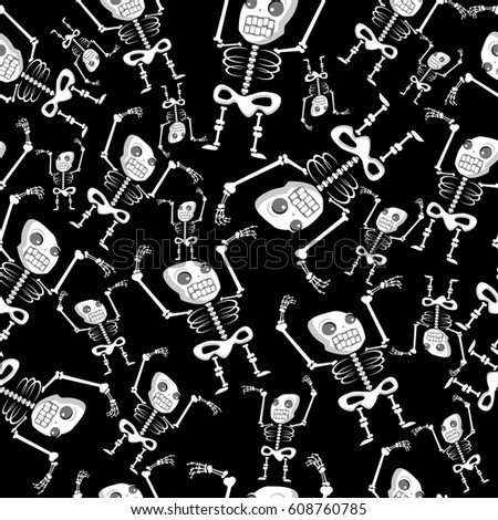 Skeleton vector seamless pattern on a black background for holiday Halloween.