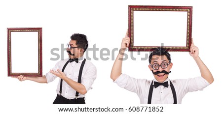 Young man with frame isolated on white