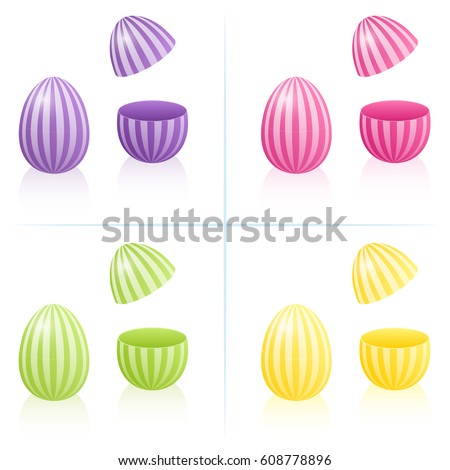 Easter egg boxes with striped pattern, closed and opened to be filled - in four bright spring colors purple, pink, green and yellow. Three-dimensional isolated vector illustration on white background. Royalty-Free Stock Photo #608778896