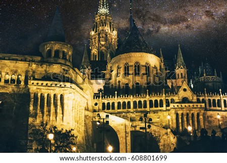 Fisherman's Bastion at night in Budapest Hungary. Milky Way. Photo with noise