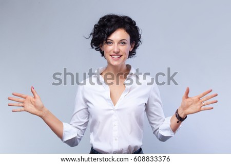 Half Body Shot of a Confident Young Office Woman with open arms