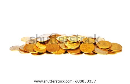 Many golden coins isolated on white background