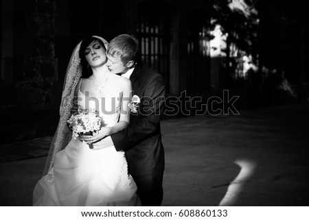Black and white silhouette of newly married couple hugging at park in sun rays