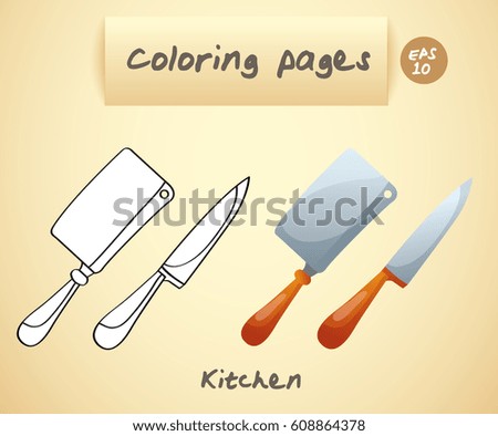 Coloring book pages for kids : Kitchen : Chopper and Knife : Vector Illustration