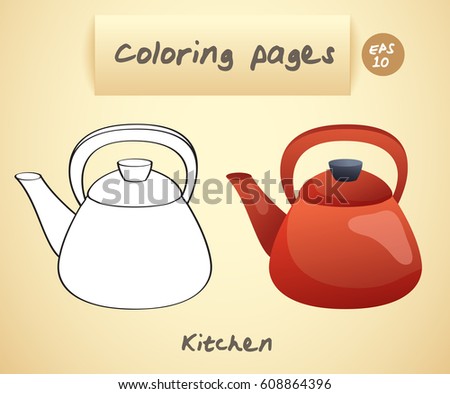Coloring book pages for kids : Kitchen : Kettle : Vector Illustration