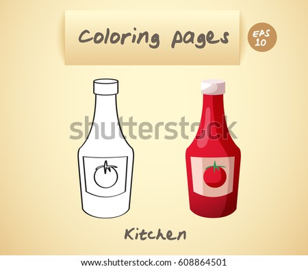 Coloring book pages for kids : Kitchen : Ketchup : Vector Illustration