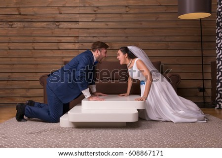 Swearing bride and groom, newlyweds relationship