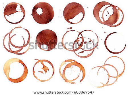 a picture with several circles of coffee, wine, and other stain