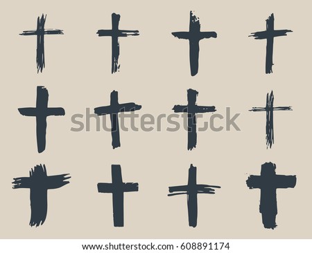 Grunge hand drawn cross symbols set. Christian crosses, religious signs icons, crucifix symbol vector illustration