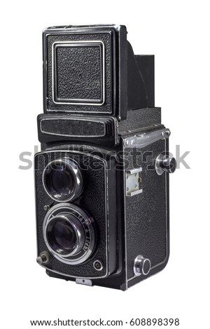 left side vintage camera medium format use film 120mm. on white background with clipping path.