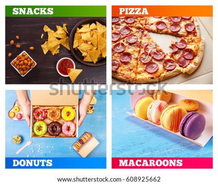 Pizza pepperoni, donuts and macaroons. Nachos chips. Tortilla snack with sweet salsa or chilli sauce. Mexican salsa nuts. Rustic plate on wooden background. Sweet desserts.