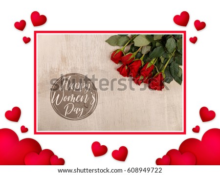 Hearts love background. Red roses on wood vintage background. Happy womens day. Concept for romantic love design. Fresh natural flowers. Wooden grunge board. Love postcard.