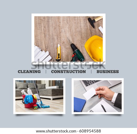 Cleaning supplies, business visiting card. Hammer, helmet and drill. Paper knife. Architecture plans. Wood rustic background. House services.