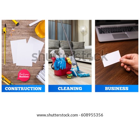 Cleaning supplies, business visiting card. Helmet, flashlight and tape measure. Build your business speech bubble. Architecture plans and protective glasses. White sheet of paper. House services.