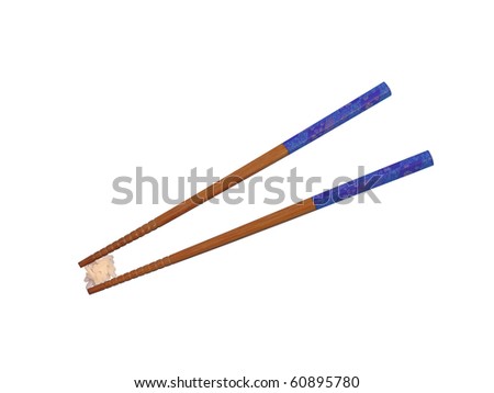 Chopsticks and pinch of rice isolated on white background