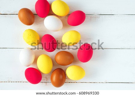 Easter eggs  in colored buckets, selective focus image, Card Happy Easter