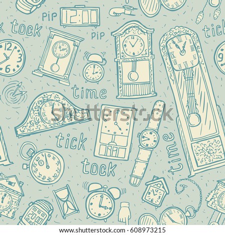 Seamless watches background. Vector time symbols. Hand-drawn illustration.