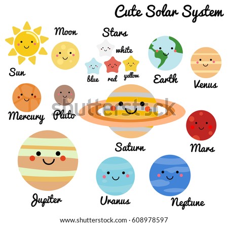 Cute galaxy, space, solar system elements. Kawaii moon, sun and planets vector illustration for kids. Isolated design elements for children. Stickers, labels, icons, infographics for kids