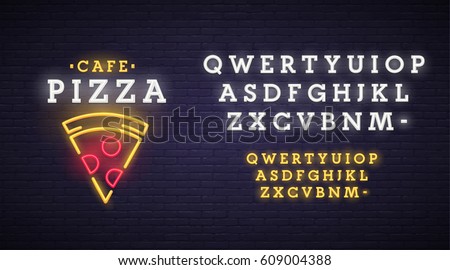 Pizza logo, emblem. Pizza neon sign, bright signboard, light banner. Neon sign creator. Neon text edit