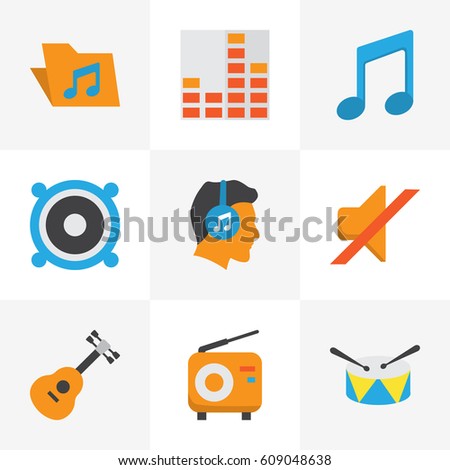 Audio Flat Icons Set. Collection Of Acoustic, Band, Portfolio Elements. Also Includes Symbols Such As Percussion, Frequency, Portfolio.