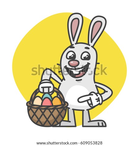 Easter Bunny Points on Basket with Eggs. Vector Illustration. Mascot Character.