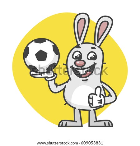 Bunny Laughs Showing Thumbs Up and Holds Soccer Ball. Vector Illustration. Mascot Character.