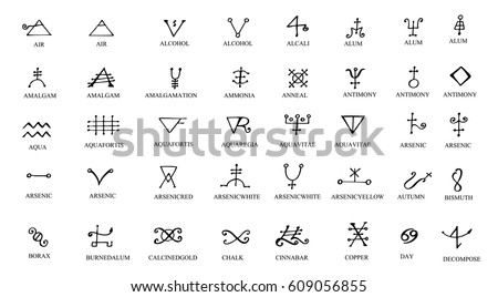 A set of alchemical symbols isolated on white. Hand drawn elements for design. Mystical, esoteric, occult theme. Royalty-Free Stock Photo #609056855