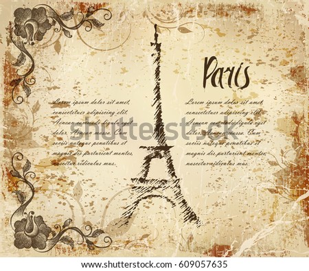 vintage hand drawn illustration of eifel tower, Paris France tourist destination.