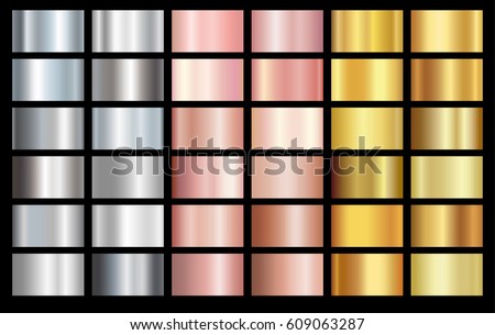 Gold rose, silver and gold foil texture background set. Vector golden elegant, shiny and metal gradient collection for gold pink or chrome border, frame, ribbon, label design Royalty-Free Stock Photo #609063287