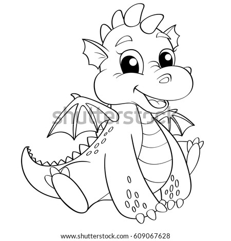 Cute cartoon dragon. Black and white vector illustration for coloring book
