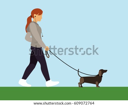 illustration girl walking with dachshund dog, cold weather